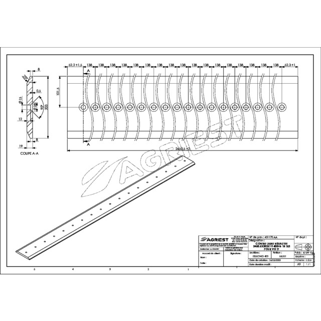 Contre Lame 203X19 LG 2450 400HB 18 TRS pour VIS TFØ14 EA 138 référence fournisseur 451170
